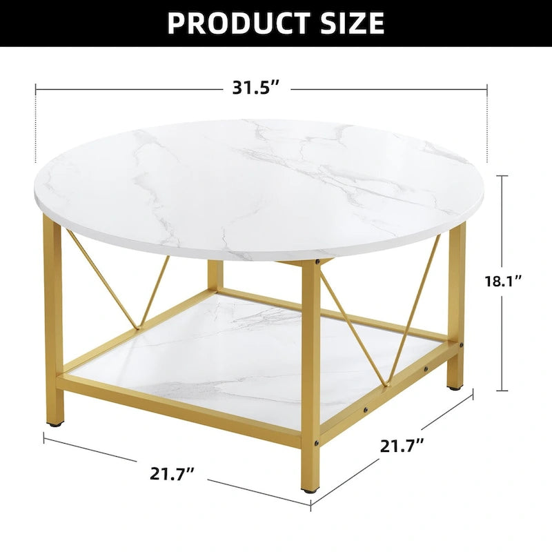 Moasis 31.5 Farmhouse Round Coffee Table, Rustic 2-Tier Center Table with Storage Open Shelf