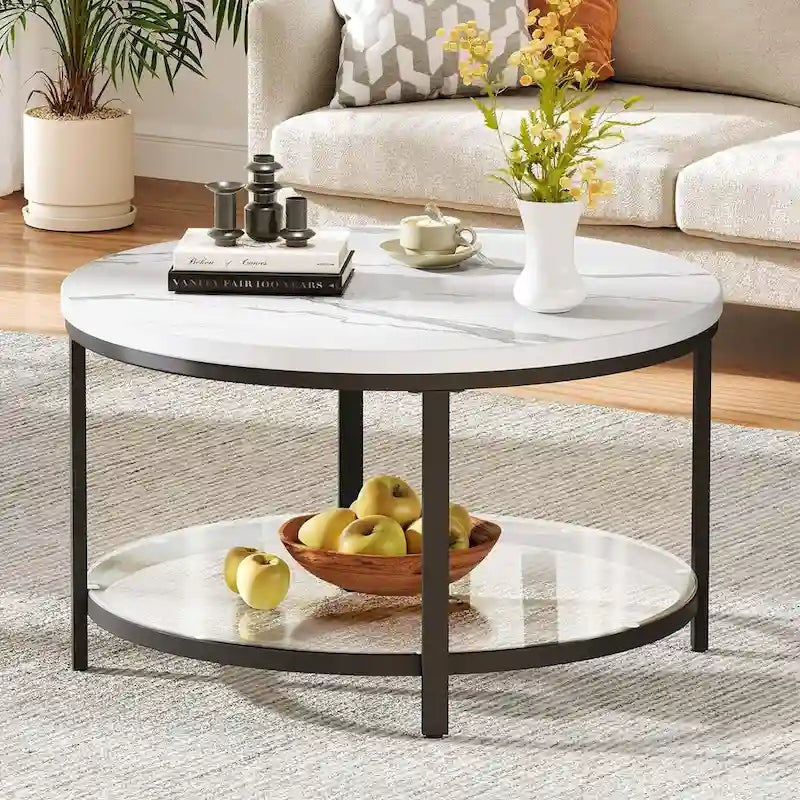 Moasis 31.5 Farmhouse Round Coffee Table, Rustic 2-Tier Center Table with Storage Open Shelf