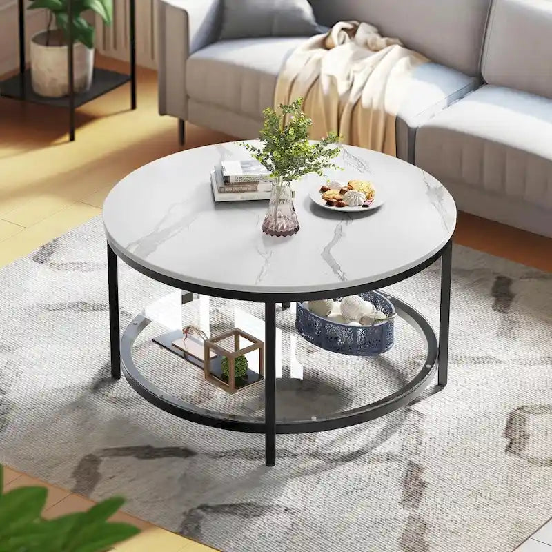 Moasis 31.5 Farmhouse Round Coffee Table, Rustic 2-Tier Center Table with Storage Open Shelf