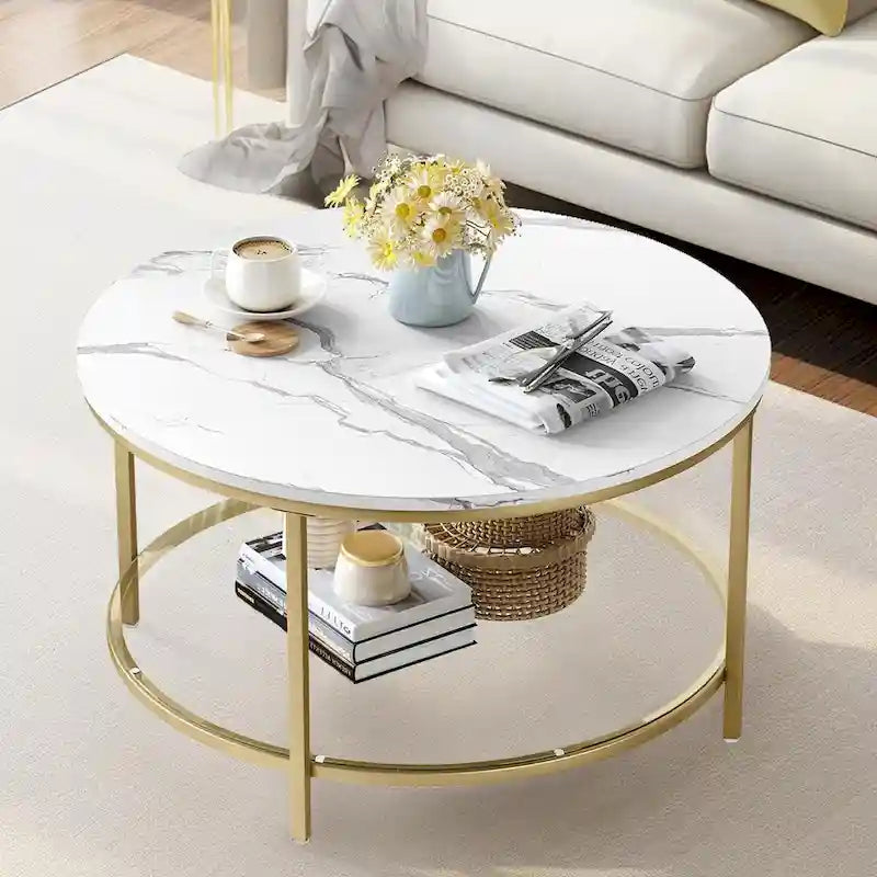 Moasis 31.5 Farmhouse Round Coffee Table, Rustic 2-Tier Center Table with Storage Open Shelf