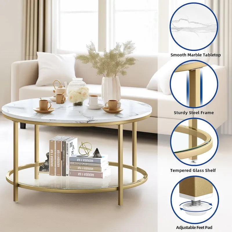Moasis 31.5 Farmhouse Round Coffee Table, Rustic 2-Tier Center Table with Storage Open Shelf