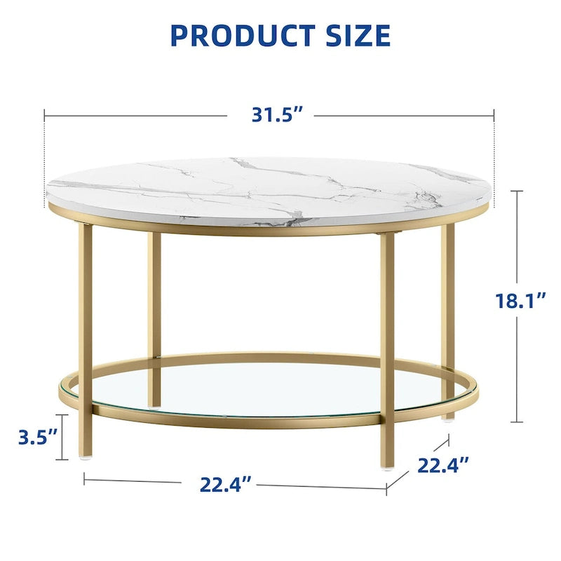 Moasis 31.5 Farmhouse Round Coffee Table, Rustic 2-Tier Center Table with Storage Open Shelf