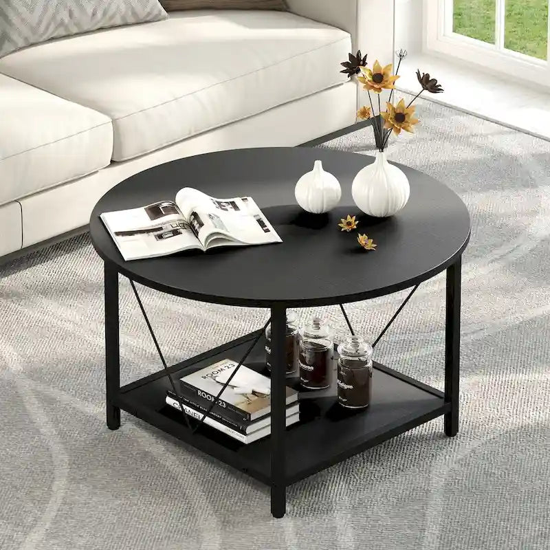 Moasis 31.5 Farmhouse Round Coffee Table, Rustic 2-Tier Center Table with Storage Open Shelf