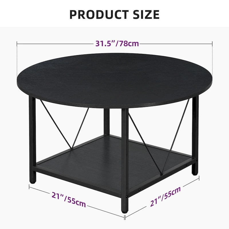 Moasis 31.5 Farmhouse Round Coffee Table, Rustic 2-Tier Center Table with Storage Open Shelf