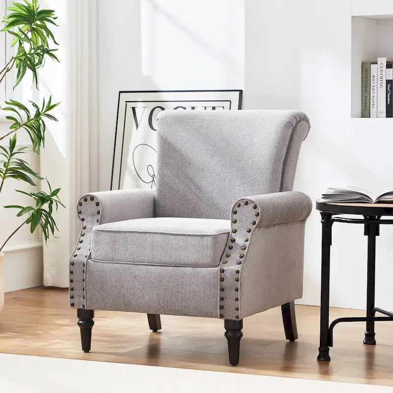 Mid-Century Wingback Accent Armchair Nailhead Trim Polyester Solid Wood Legs