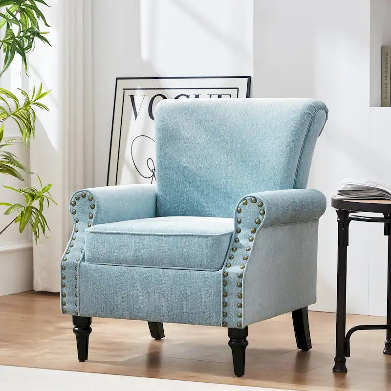 Mid-Century Wingback Accent Armchair Nailhead Trim Polyester Solid Wood Legs