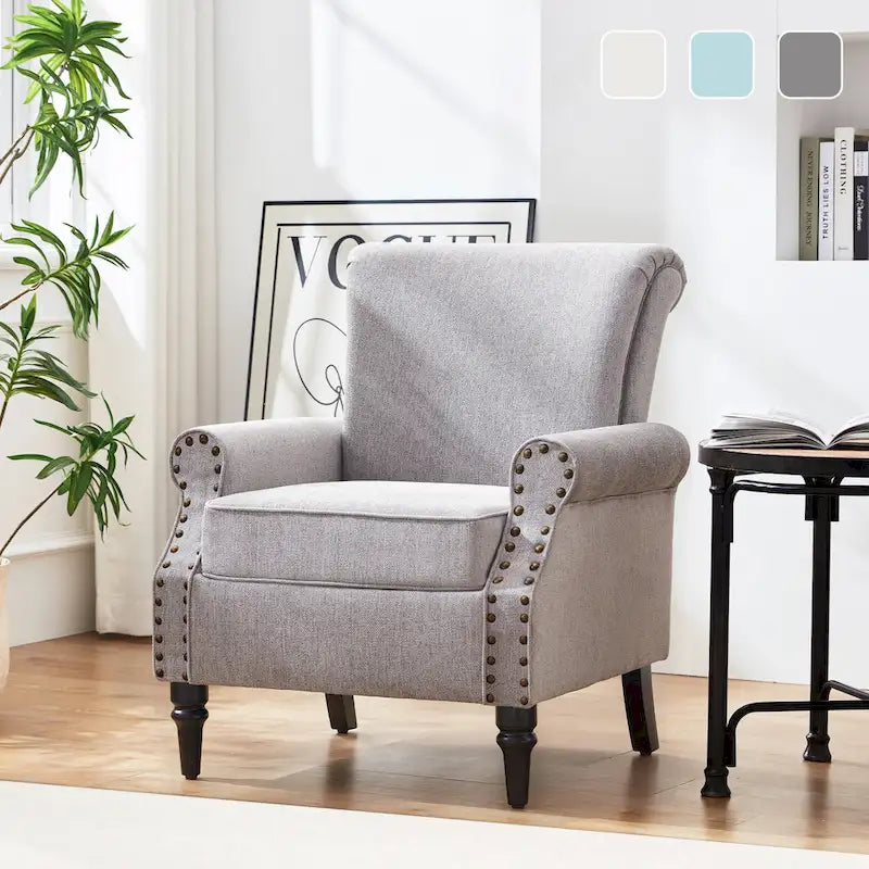 Mid-Century Wingback Accent Armchair Nailhead Trim Polyester Solid Wood Legs
