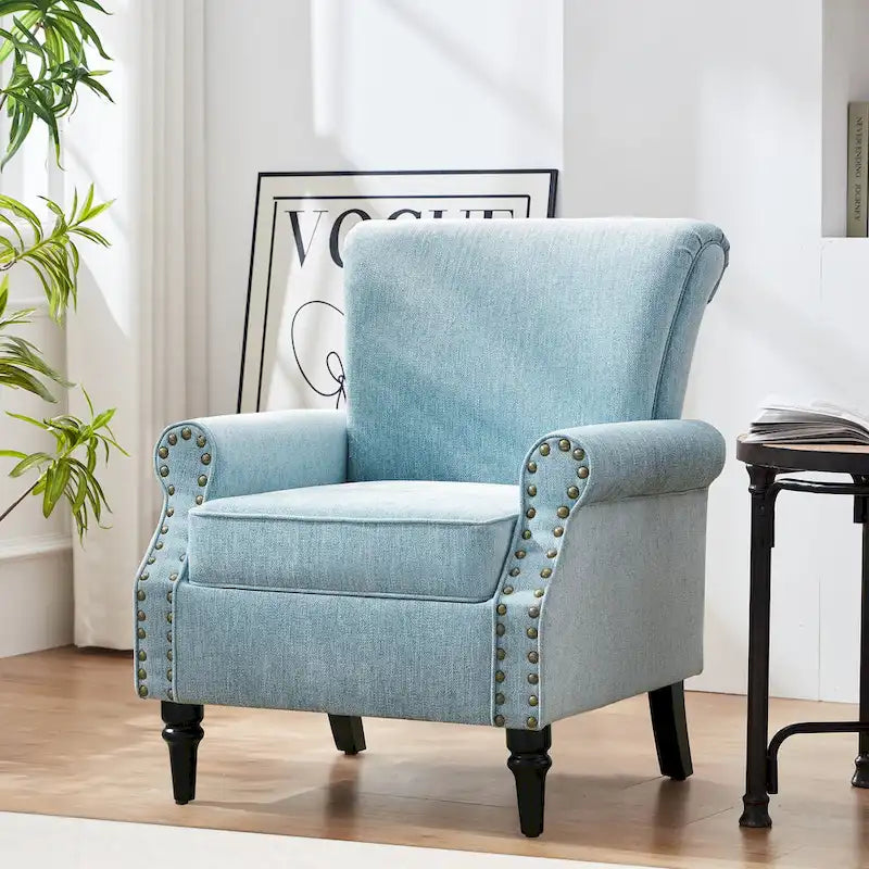 Mid-Century Wingback Accent Armchair Nailhead Trim Polyester Solid Wood Legs