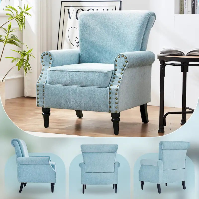 Mid-Century Wingback Accent Armchair Nailhead Trim Polyester Solid Wood Legs