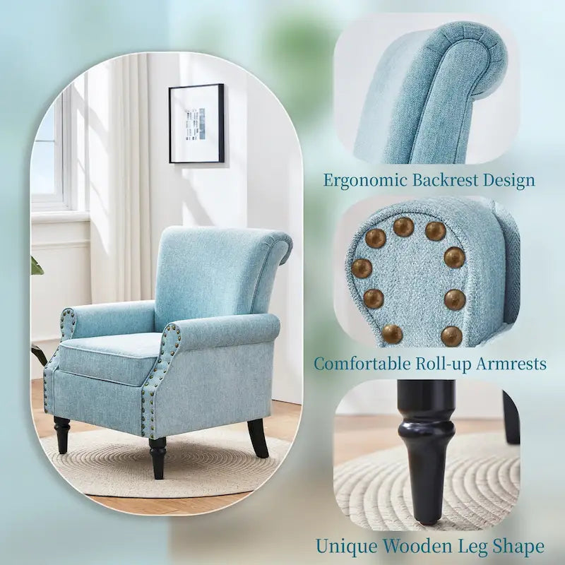 Mid-Century Wingback Accent Armchair Nailhead Trim Polyester Solid Wood Legs