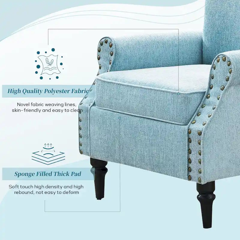 Mid-Century Wingback Accent Armchair Nailhead Trim Polyester Solid Wood Legs
