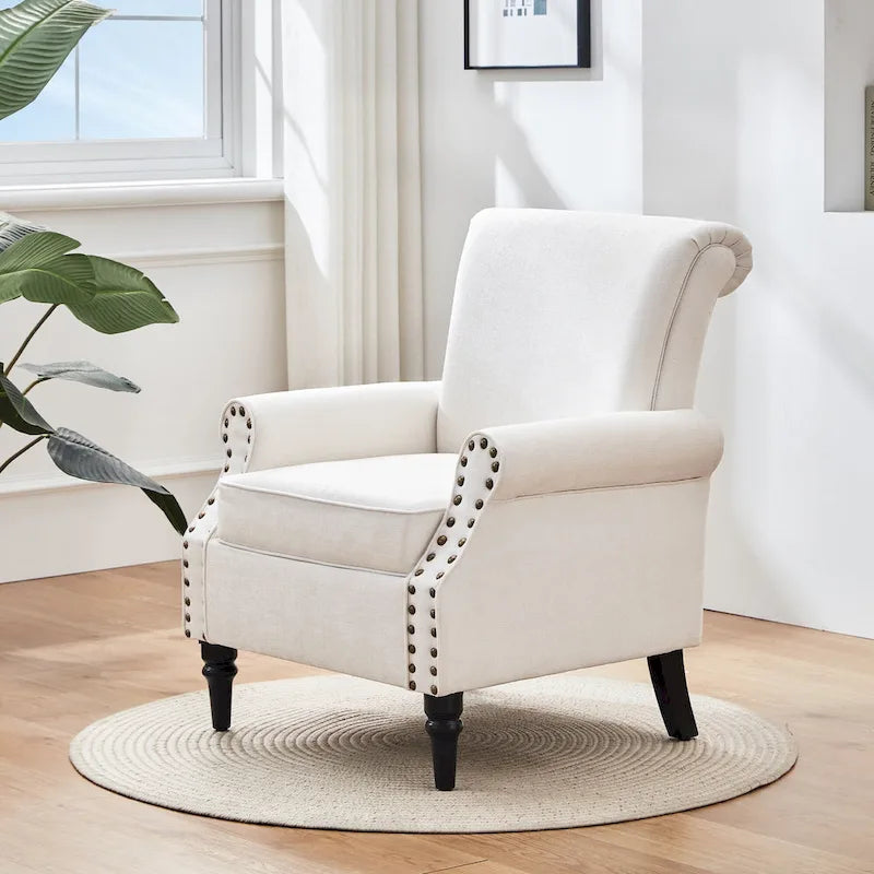 Mid-Century Wingback Accent Armchair Nailhead Trim Polyester Solid Wood Legs