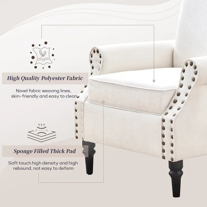 Mid-Century Wingback Accent Armchair Nailhead Trim Polyester Solid Wood Legs