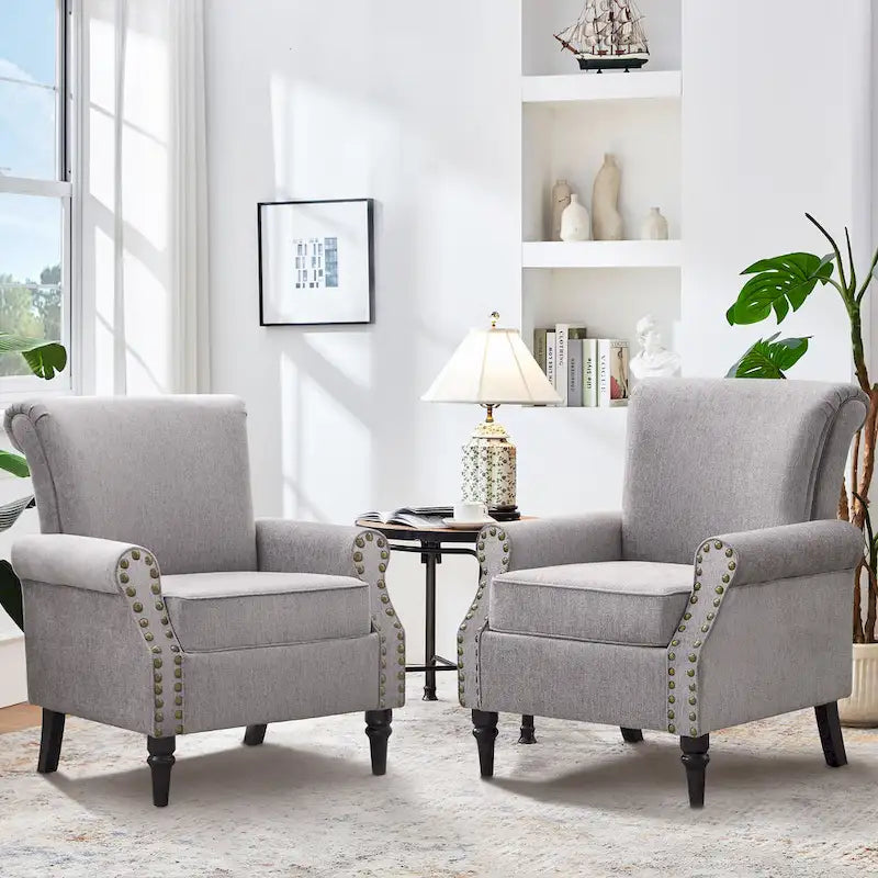 Mid-Century Wingback Accent Armchair Nailhead Trim Polyester Solid Wood Legs