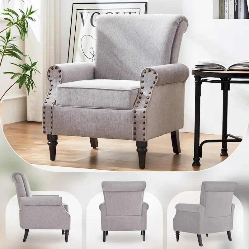 Mid-Century Wingback Accent Armchair Nailhead Trim Polyester Solid Wood Legs