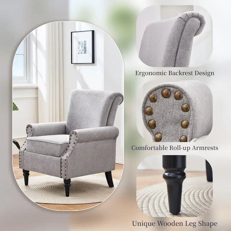 Mid-Century Wingback Accent Armchair Nailhead Trim Polyester Solid Wood Legs