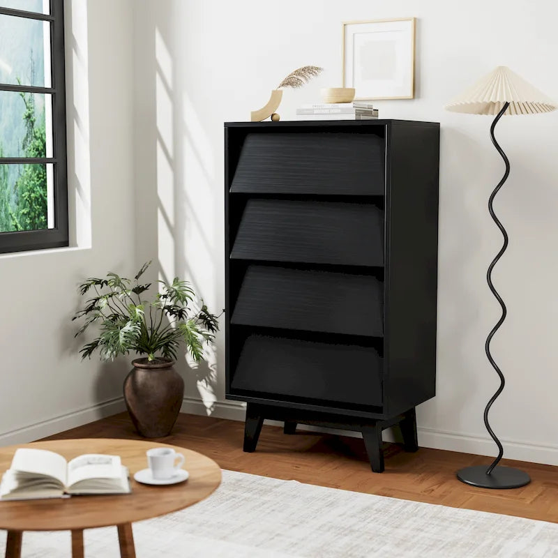 4 Drawer Tall Dresser Chest Bevel Push Open MDF Solid Wood Legs Brown Black