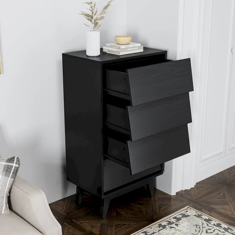 4 Drawer Tall Dresser Chest Bevel Push Open MDF Solid Wood Legs Brown Black