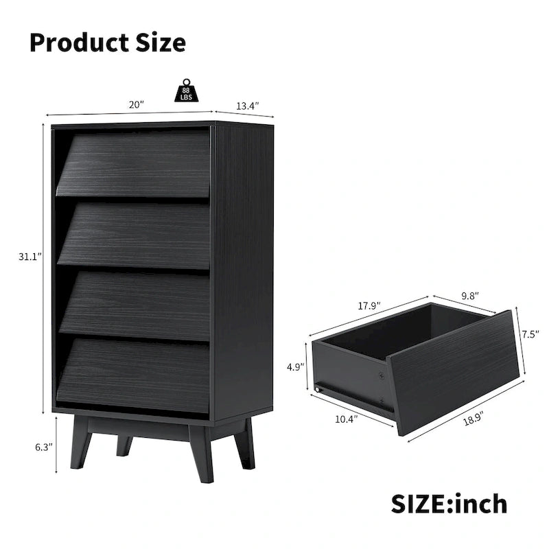4 Drawer Tall Dresser Chest Bevel Push Open MDF Solid Wood Legs Brown Black