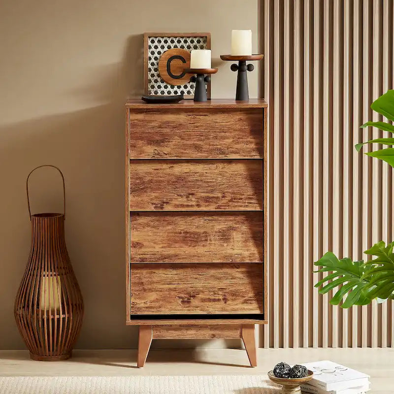 4 Drawer Tall Dresser Chest Bevel Push Open MDF Solid Wood Legs Brown Black