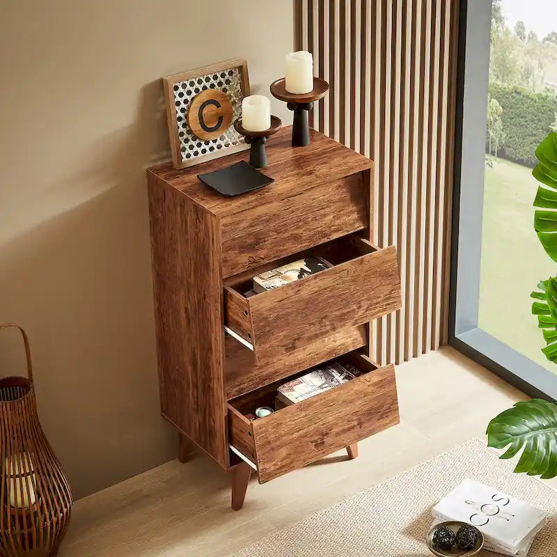 4 Drawer Tall Dresser Chest Bevel Push Open MDF Solid Wood Legs Brown Black