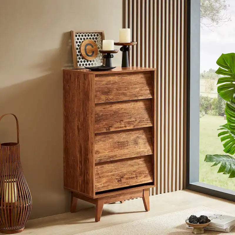 4 Drawer Tall Dresser Chest Bevel Push Open MDF Solid Wood Legs Brown Black